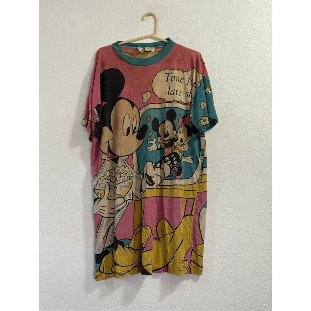 Vntg 90s Mickey Minnie Mouse All over Print “Time For The Late Show” Pluto Tv
